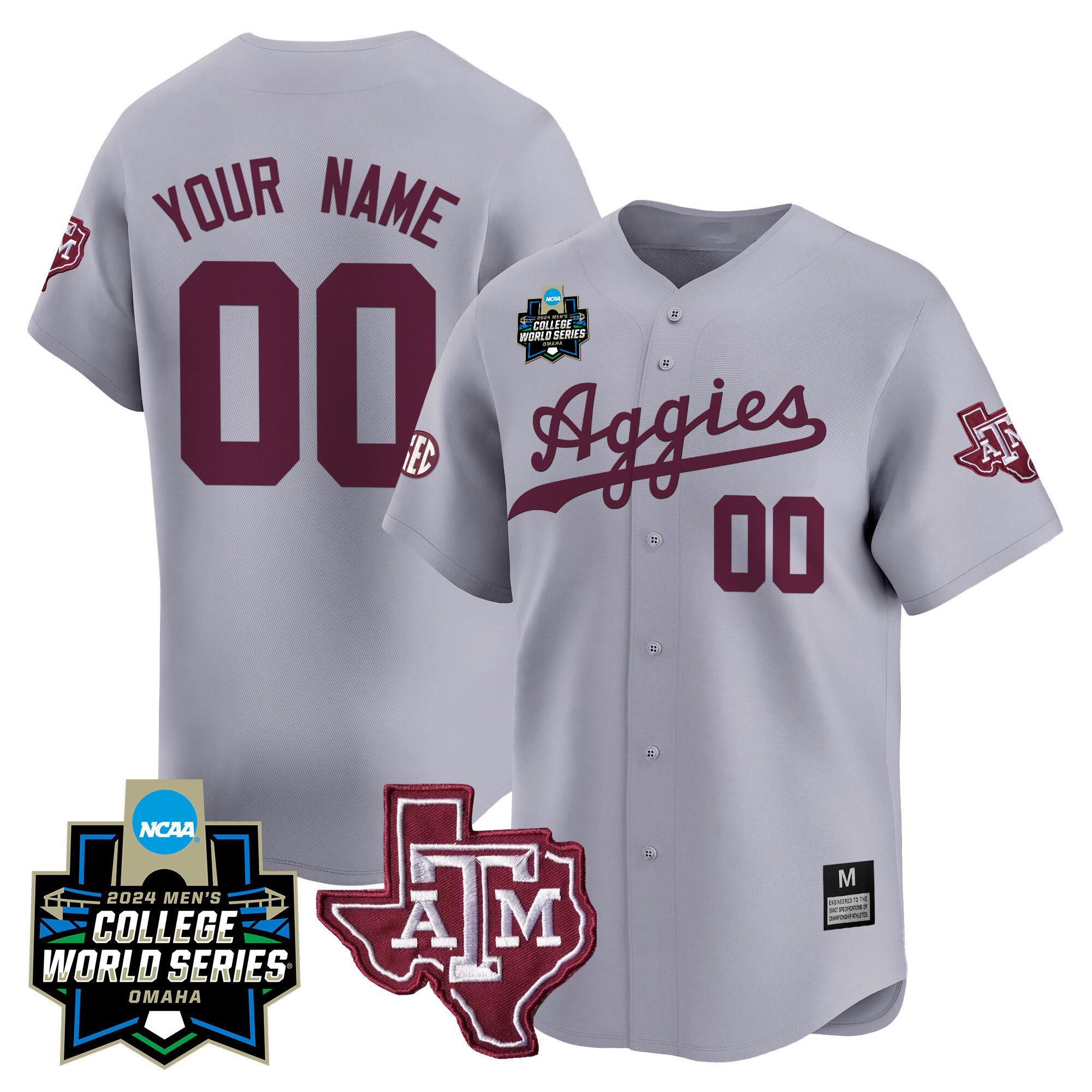 Men Texas A&M Aggies Grey 2024 College World Series Vapor Premier Limited Custom NCAA Jersey
